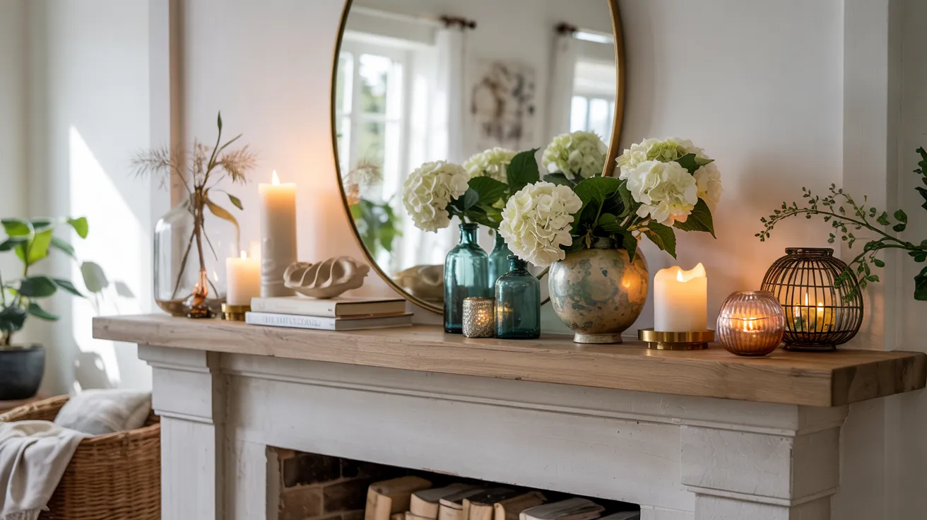 Elegant summer fireplace mantel cover image with mirror, flowers, sea glass bottles, candles, shell decor, and woven accents in a bright luxurious living room.
