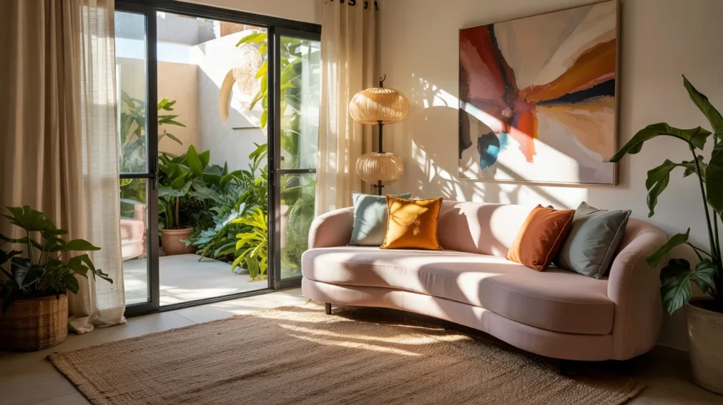 Colorful modern summer living room cover image with mixed trends, curved sofa, plants, sunset tones, and bright sunlit full interior view.