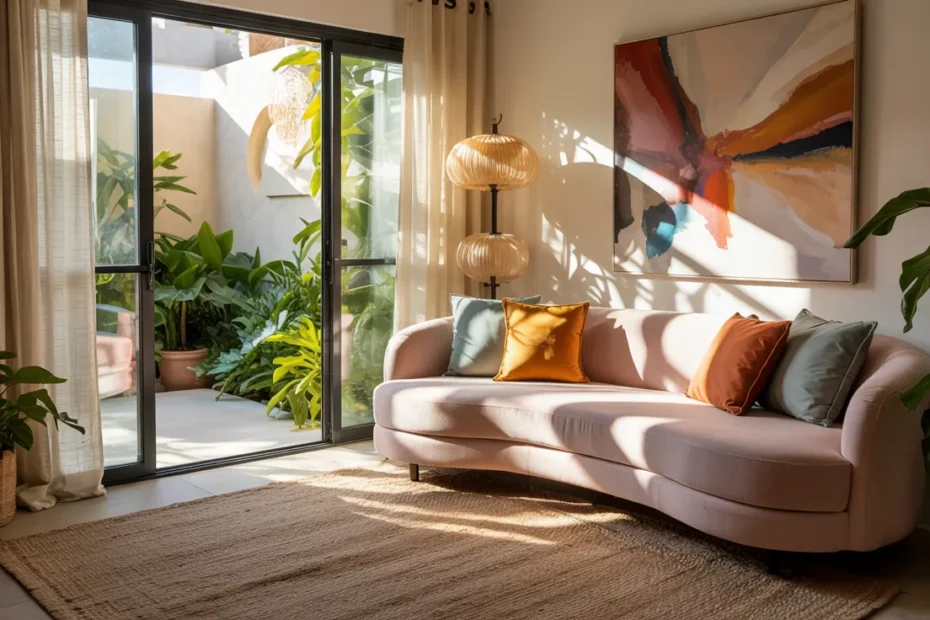 Colorful modern summer living room cover image with mixed trends, curved sofa, plants, sunset tones, and bright sunlit full interior view.