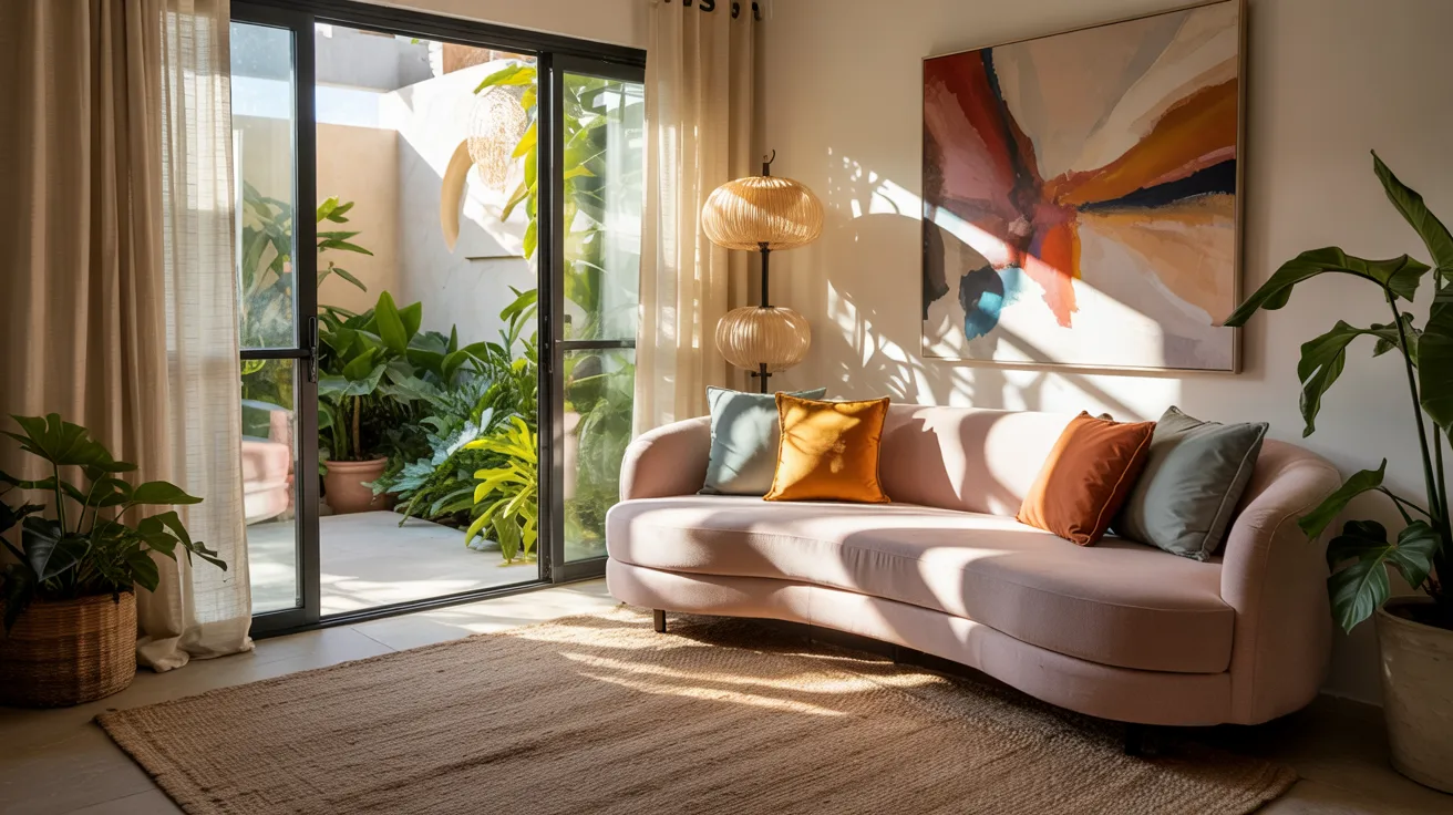 Colorful modern summer living room cover image with mixed trends, curved sofa, plants, sunset tones, and bright sunlit full interior view.