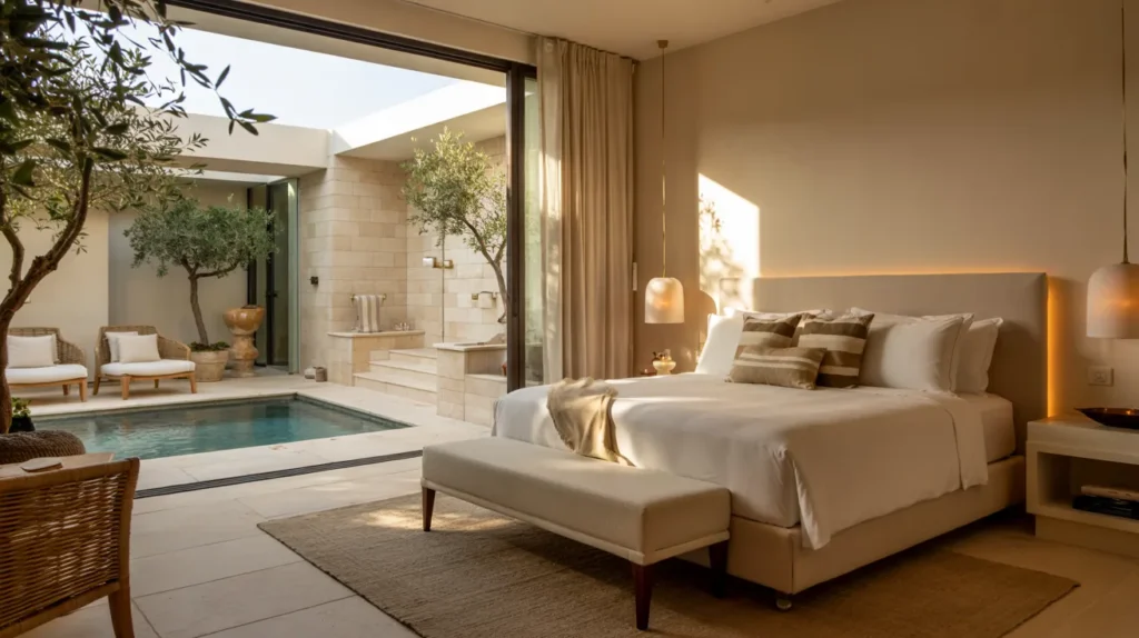 Luxury boutique guest suite cover image with elegant bedroom, spa bathroom, mini bar, and private plunge pool in a modern hotel-style design.