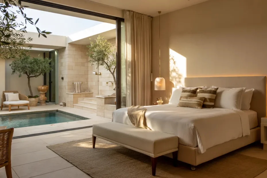 Luxury boutique guest suite cover image with elegant bedroom, spa bathroom, mini bar, and private plunge pool in a modern hotel-style design.