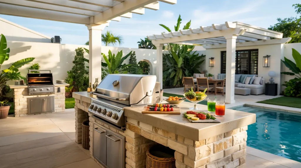 A vibrant summer backyard cover image featuring multiple modern BBQ station styles, a central grill island, stylish seating areas, and a sparkling turquoise plunge pool in a luxury outdoor setting.
