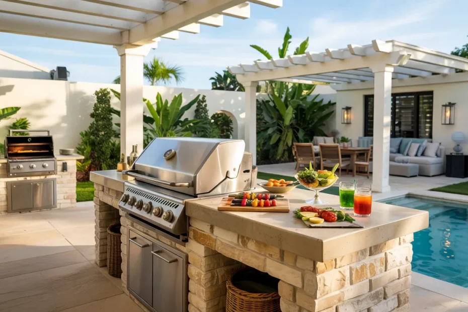 A vibrant summer backyard cover image featuring multiple modern BBQ station styles, a central grill island, stylish seating areas, and a sparkling turquoise plunge pool in a luxury outdoor setting.