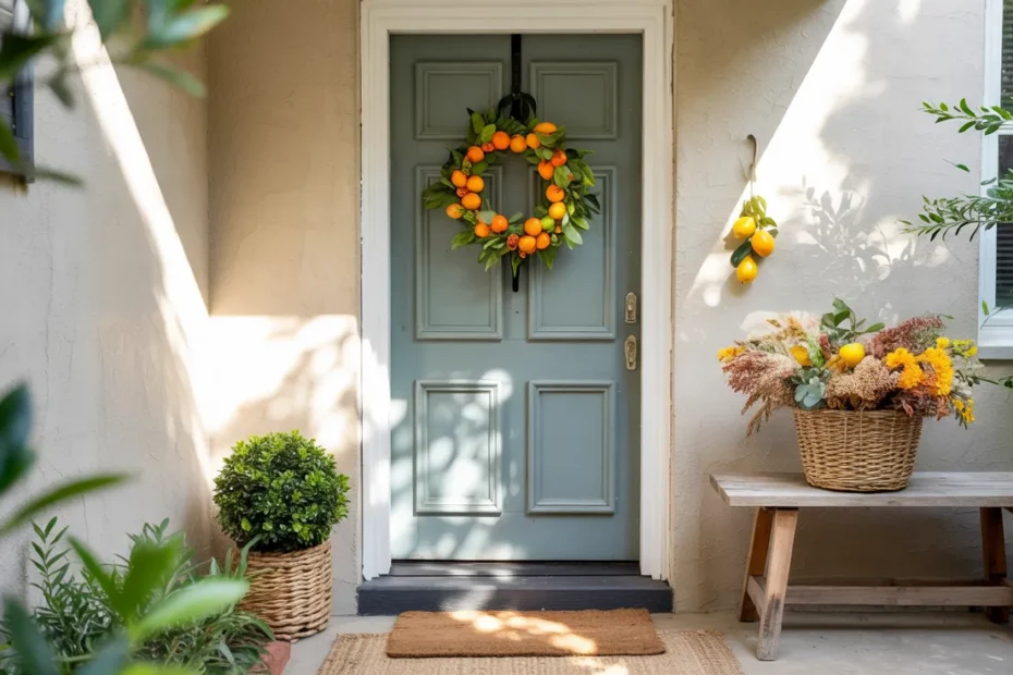 Styled summer front door with a wreaths including citrus in a bright and inviting porch setting
