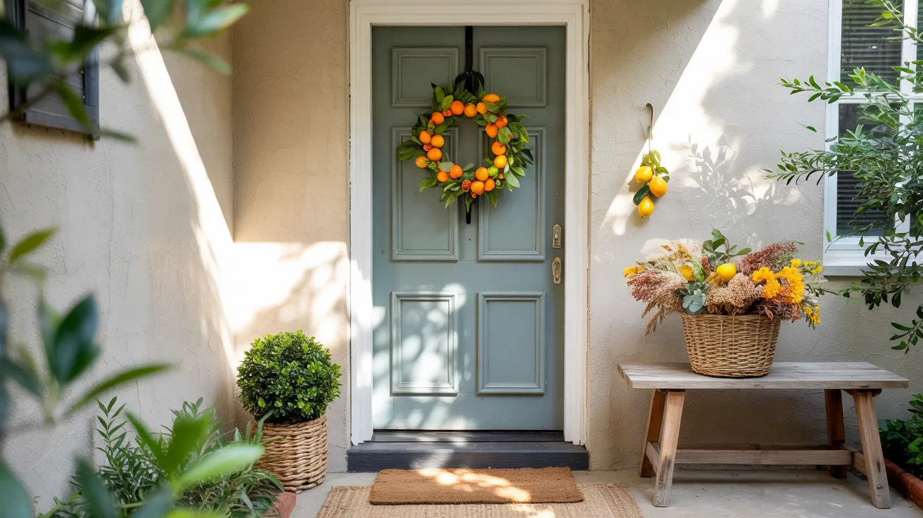 Styled summer front door with a wreaths including citrus in a bright and inviting porch setting