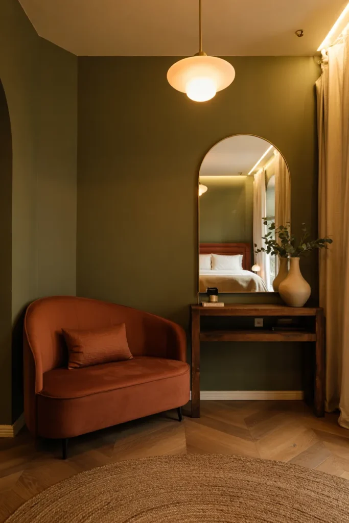 Modern boutique hotel-style guest suite entry lobby with olive green walls, terracotta bench, brass mirror, warm lighting, and elegant wood detailing.