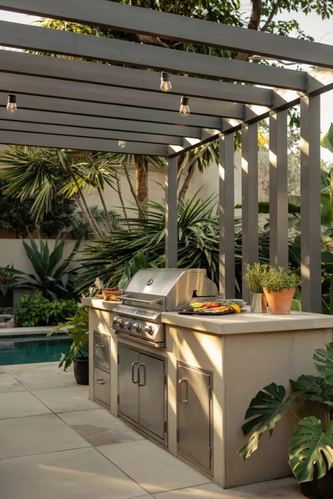 A stylish pergola-covered BBQ station with a built-in grill, shaded seating, and modern backyard design featuring fresh summer styling and optional plunge pool.