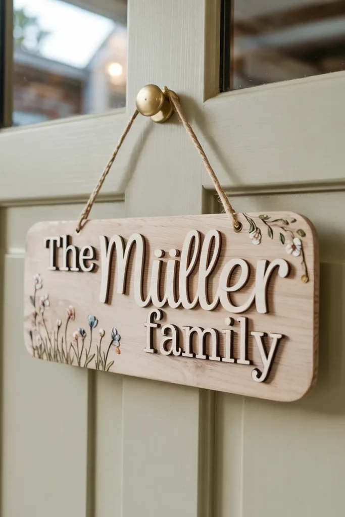 Personalized family name plaque summer door hanger with raised lettering and soft floral accents on a closed neutral front door, warm and welcoming seasonal decor