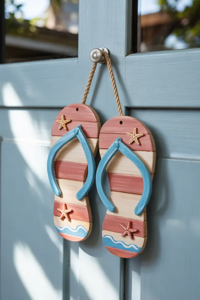Coastal flip-flop or surfboard summer door hanger with aqua, sand, and coral tones on a closed light front door, playful beach vacation decor