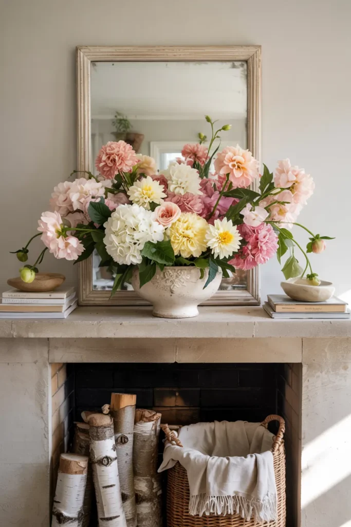 Summer fireplace mantel with a simple ivory vase filled with hydrangeas, dahlias, and peonies, styled in soft garden colors for a fresh elegant living room.