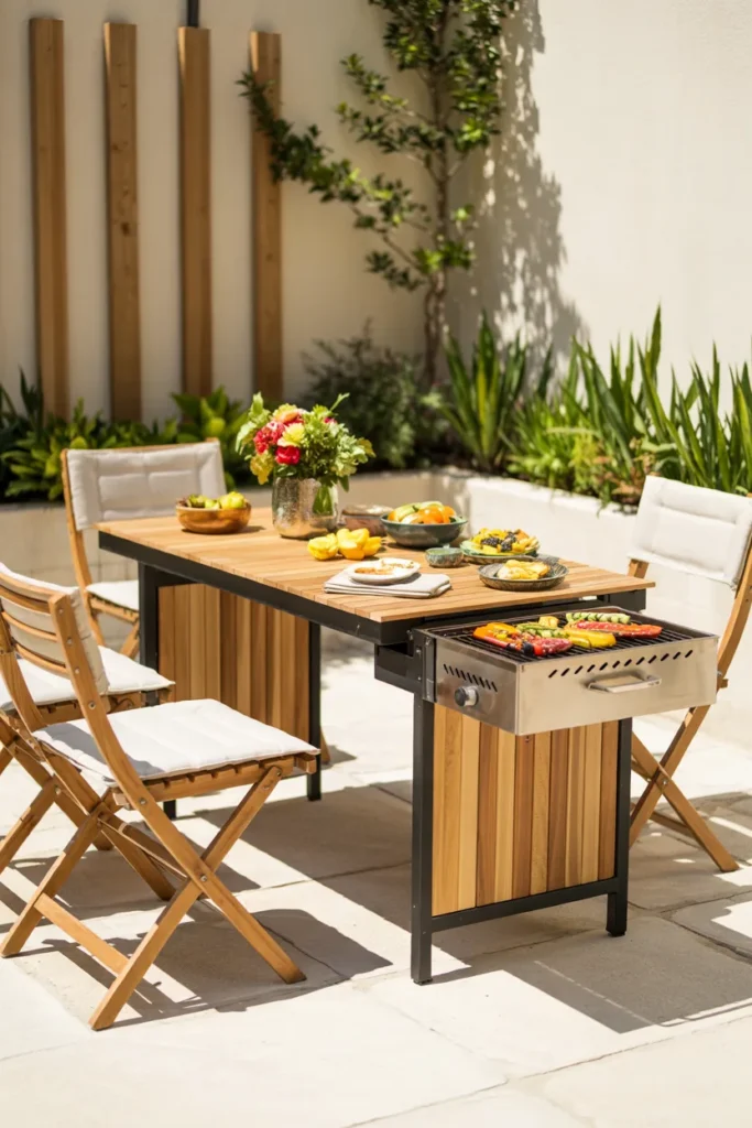 A foldable dining and BBQ combo setup with collapsible table, compact grill, and bright summer dining details in a stylish small backyard setting.