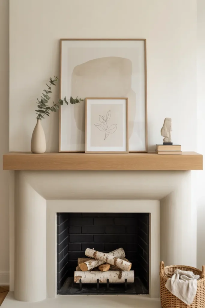 Modern summer fireplace mantel with layered frame-on-frame artwork, neutral abstract print, small front frame, and minimal decor in a bright living room.