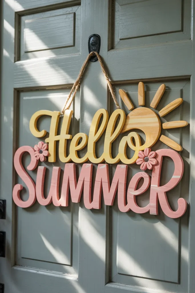 Oversized “Hello Summer” wooden door hanger with layered script lettering and pastel summer accents on a closed neutral front door, bold and cheerful seasonal decor
