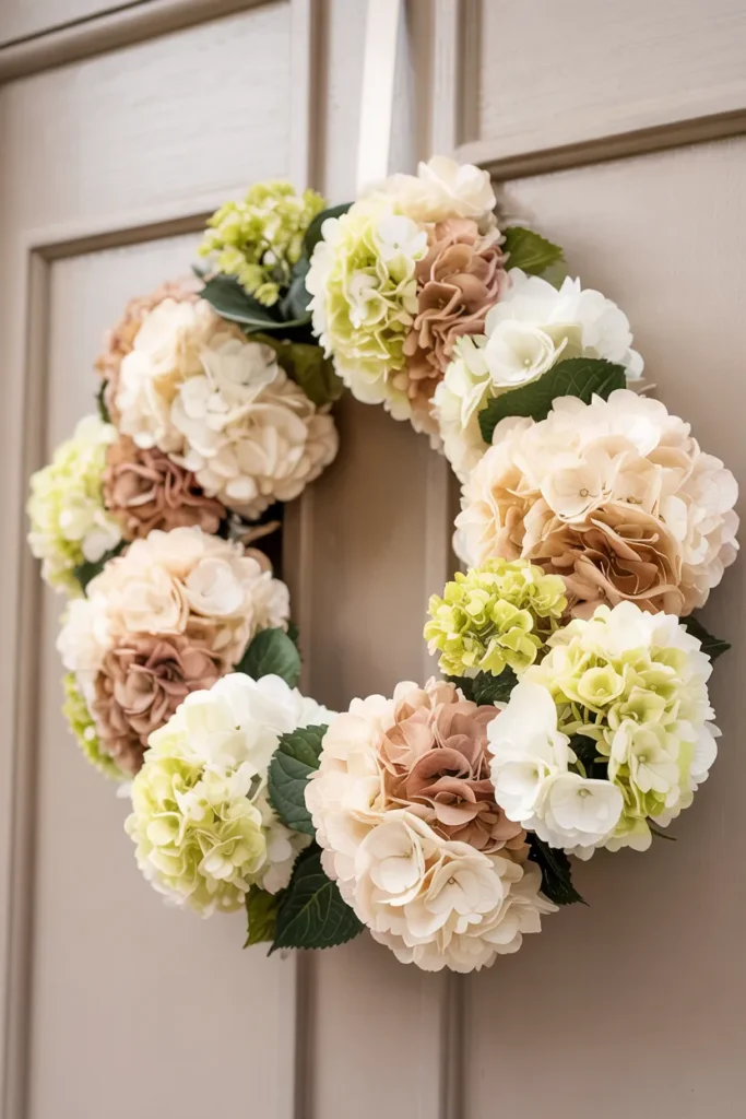 Full hydrangea wreath in soft white and cream tones on a closed neutral front door, fluffy cloud-like summer decor