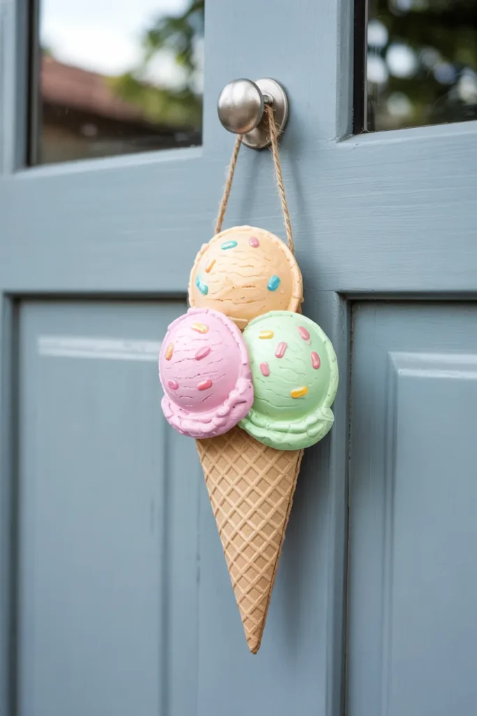 Playful ice cream cone or popsicle summer door hanger in pastel colors on a closed neutral front door, fun and family-friendly seasonal decor