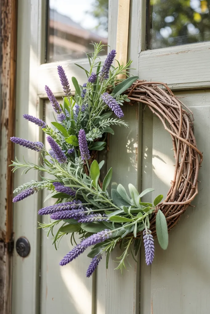 Lavender and herb garden wreath with sage and rosemary on a closed neutral front door, soft rustic summer decor