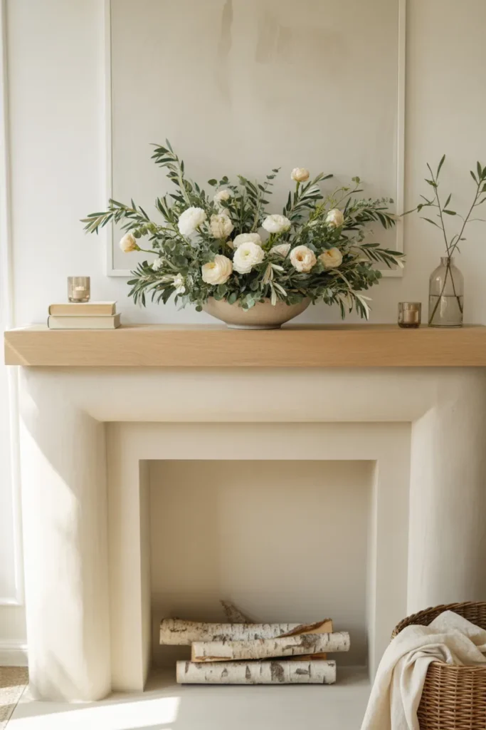 Summer fireplace mantel with a long low floral arrangement of white blooms and greenery in a shallow vessel, styled in a bright elegant living room.