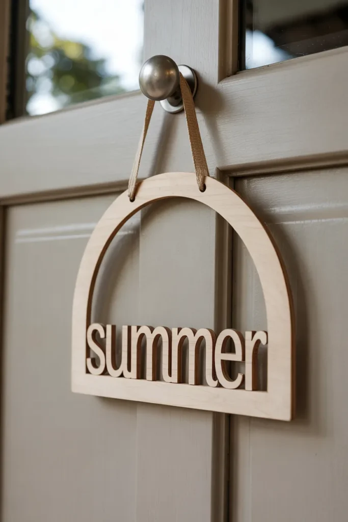 Minimal arch-shaped wooden summer door hanger with simple typography on a closed neutral front door, modern and elegant seasonal decor