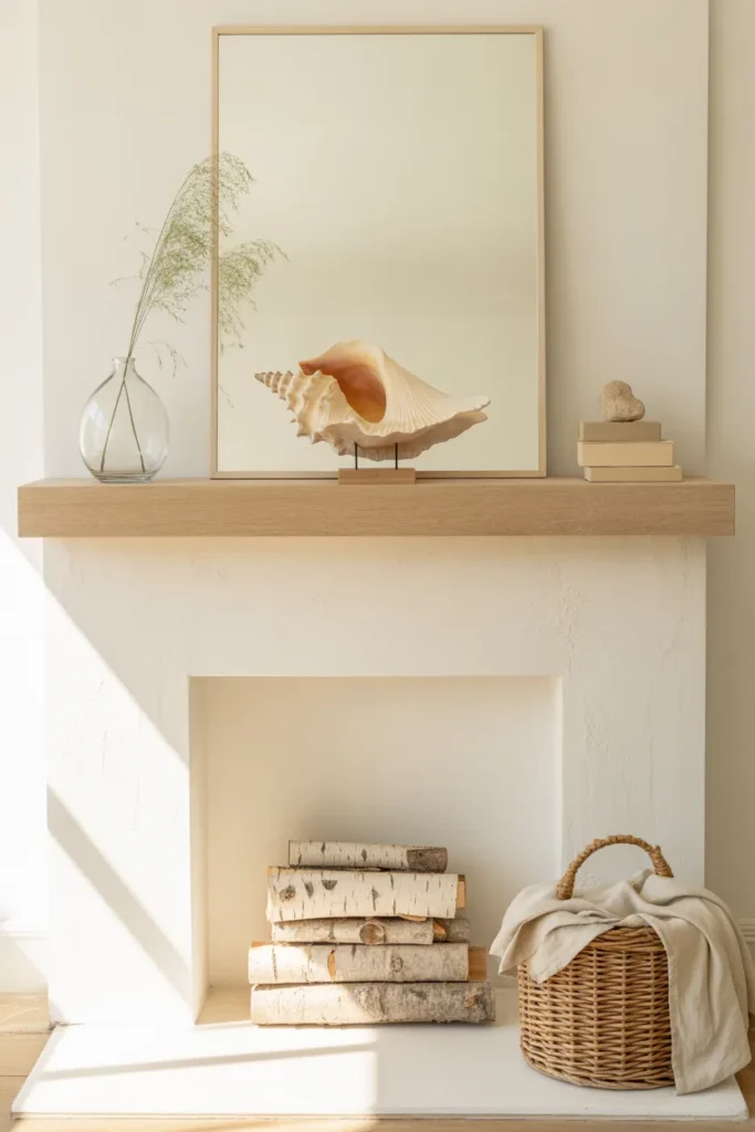 Minimal coastal fireplace mantel with a single elegant shell sculpture or shell-filled bowl, styled with neutral decor in a bright airy summer living room.