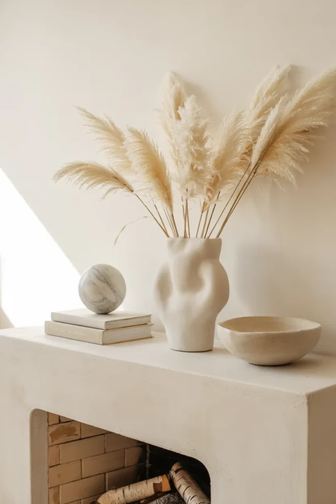 Minimal cloud-white fireplace mantel with a sculptural white statement vase, airy stems, and clean monochrome summer decor in a bright modern living room.