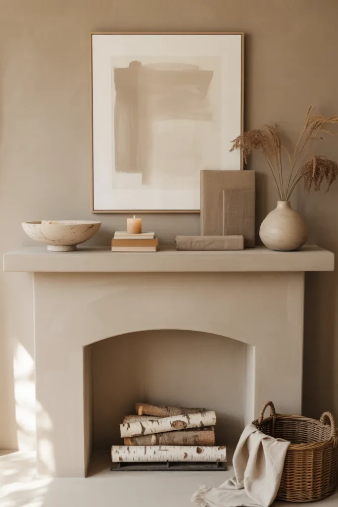 Monochrome beige fireplace mantel with layered taupe, sand, and linen decor, ceramic vase with dried grasses, and soft neutral summer styling in a modern living room.