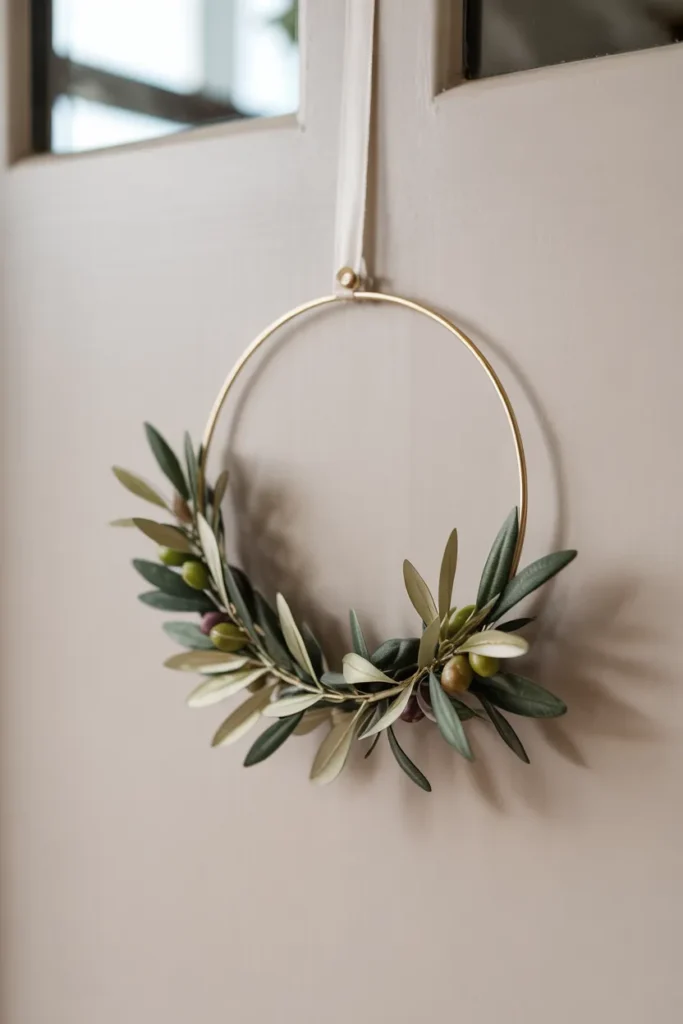 Minimalist olive branch hoop wreath with thin gold metal ring and subtle greenery on a closed neutral front door, clean modern summer decor