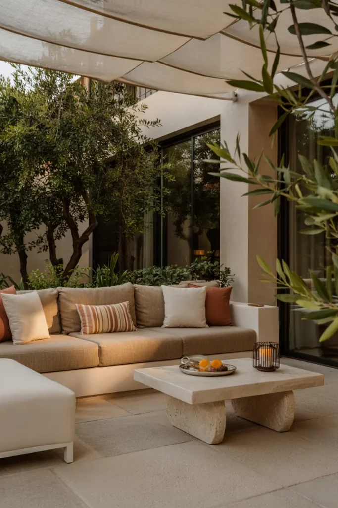 Private outdoor lounge connected to a boutique guest suite with soft beige seating, olive greenery, warm wood accents, and a serene luxury balcony feel.