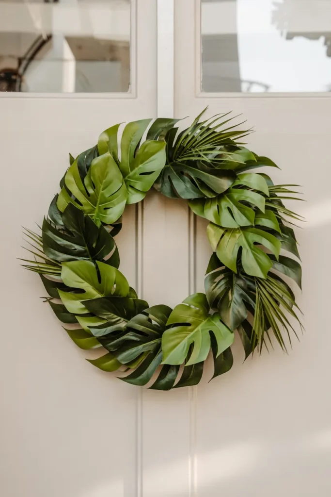 Tropical monstera and palm leaf summer wreath with bold green foliage on a closed neutral front door, modern lush decor