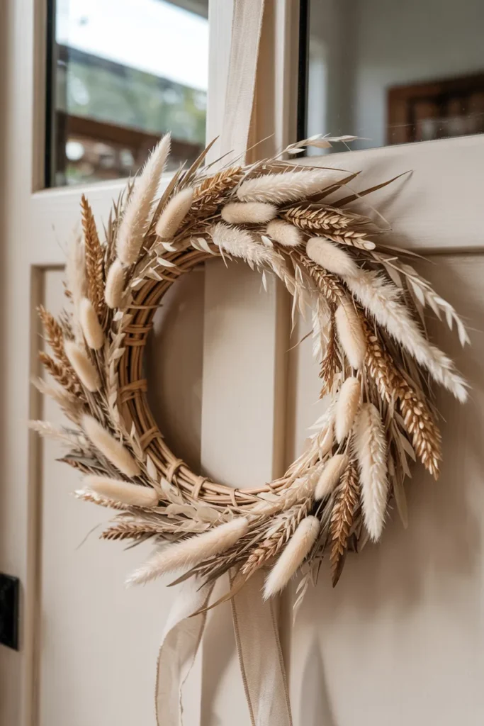 Neutral pampas grass summer wreath with soft beige dried textures on a closed light greige front door, minimal and elegant decor