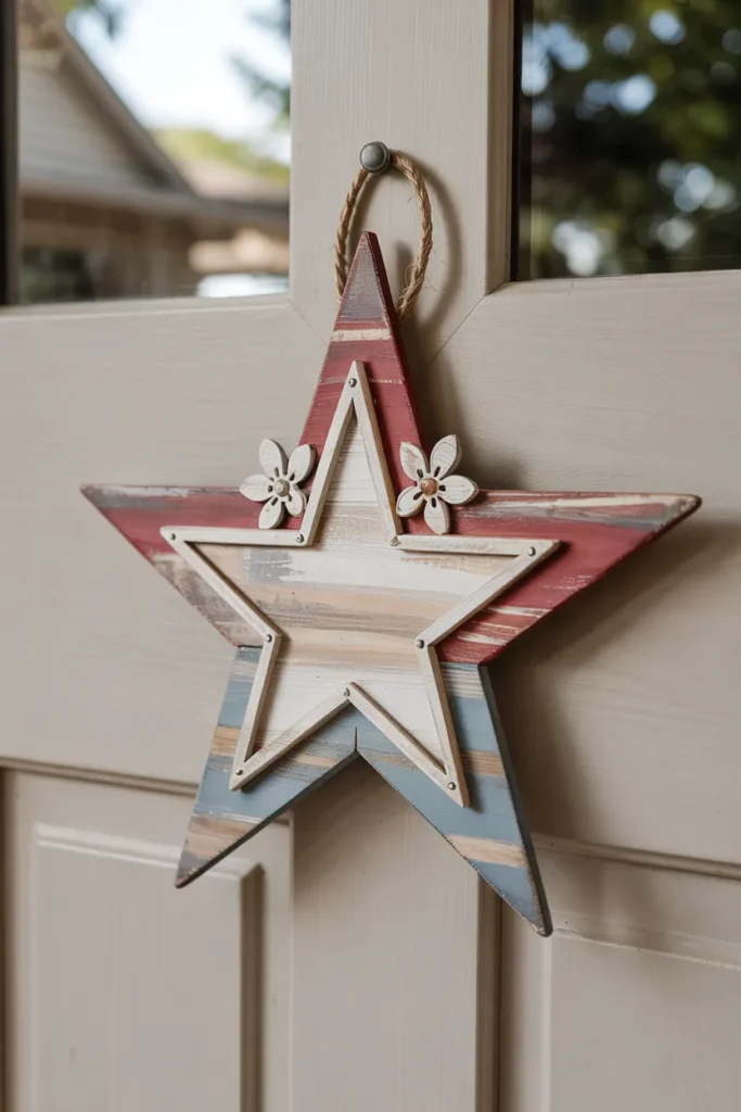 Muted red, white, and blue star summer door hanger with subtle floral and greenery accents on a closed neutral front door, refined patriotic summer decor