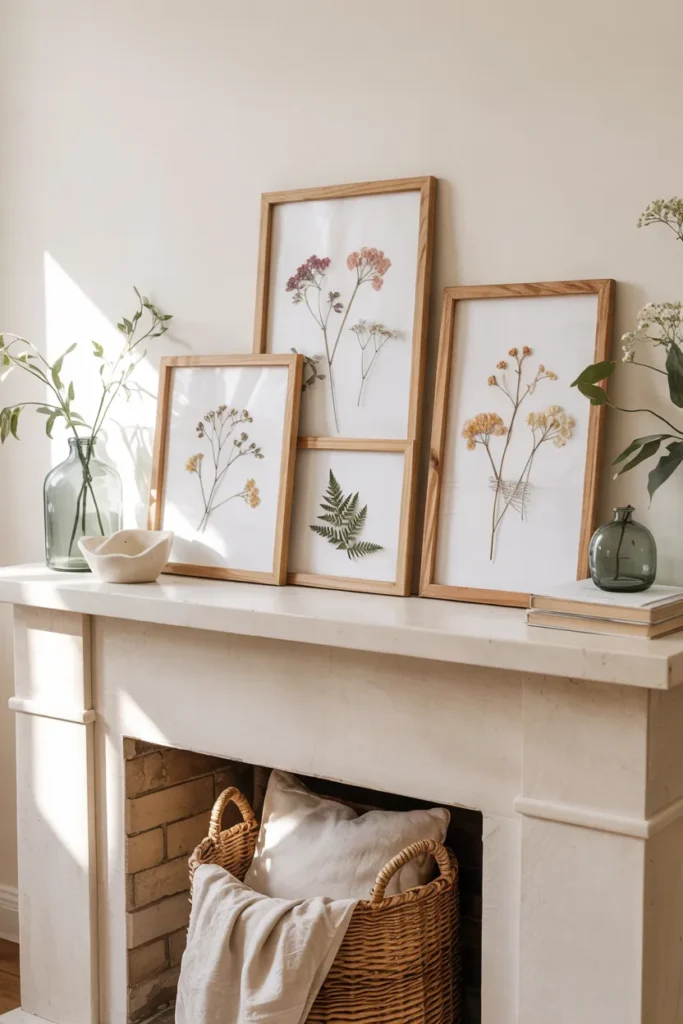 Summer fireplace mantel with a trio of pressed flower framed botanical prints, light natural wood frames, soft neutral decor, and airy summer styling.