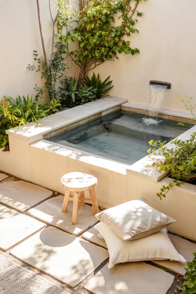 Small raised plunge pool with built-in planters, clear aqua water, seating ledge, and modern compact backyard summer styling.