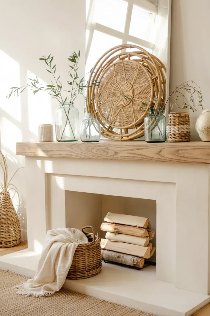 Summer fireplace mantel styled with woven rattan tray, clear glass vases with greenery, and airy candle holders on a natural oak mantel in a bright living room.