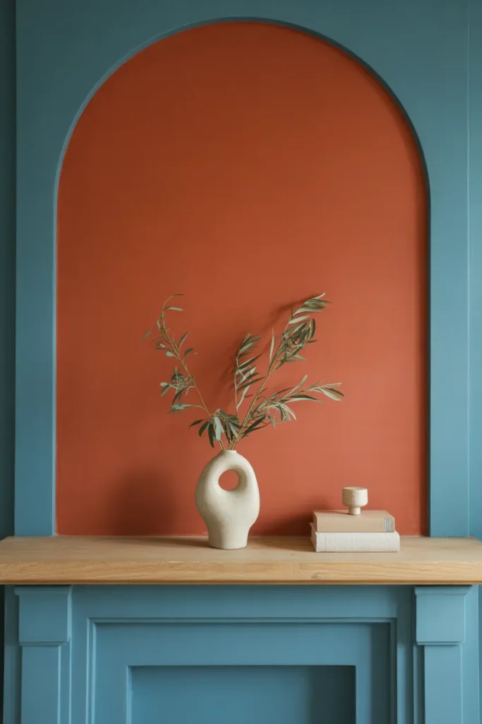 Color-drenched summer fireplace mantel with a bold painted backdrop, minimal neutral decor, and a simple vase with greenery in a modern living room.