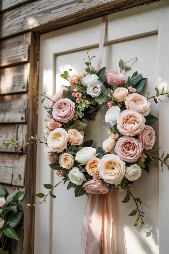 Romantic garden rose cottage wreath with blush, cream, and peach blooms on a closed white front door, soft vintage summer decor
