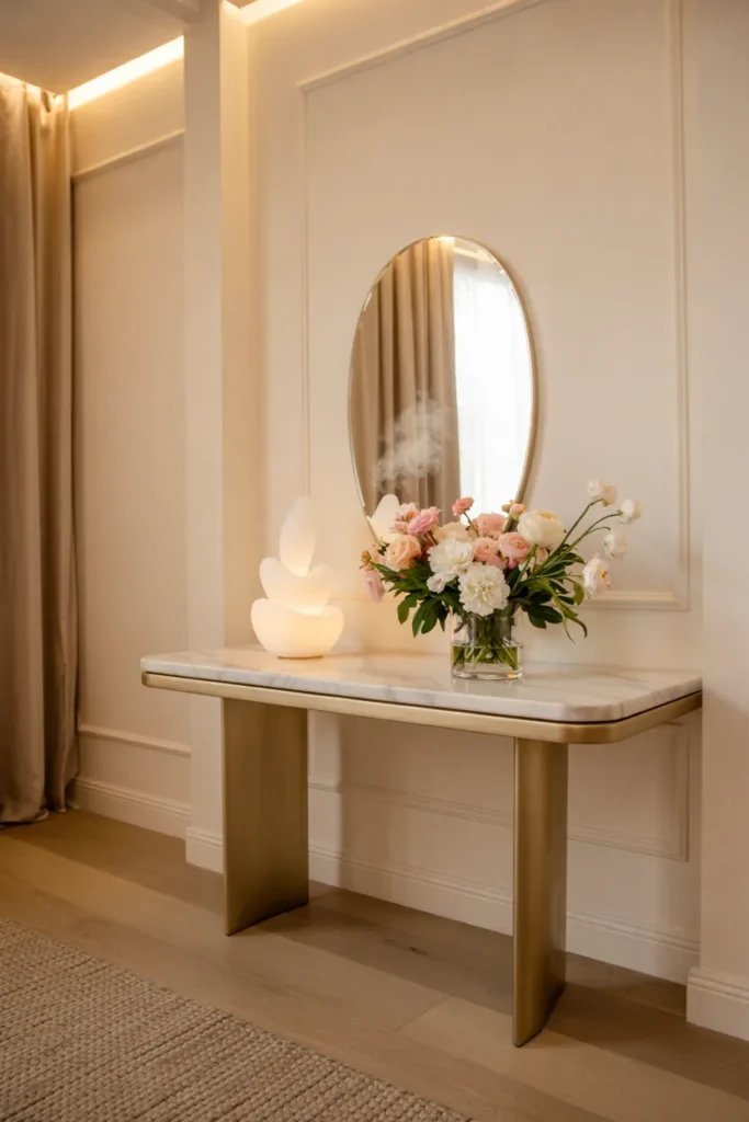 Boutique guest suite entry with scented diffuser, fresh blush flowers, marble console, and warm ambient lighting creating a luxurious welcome experience.