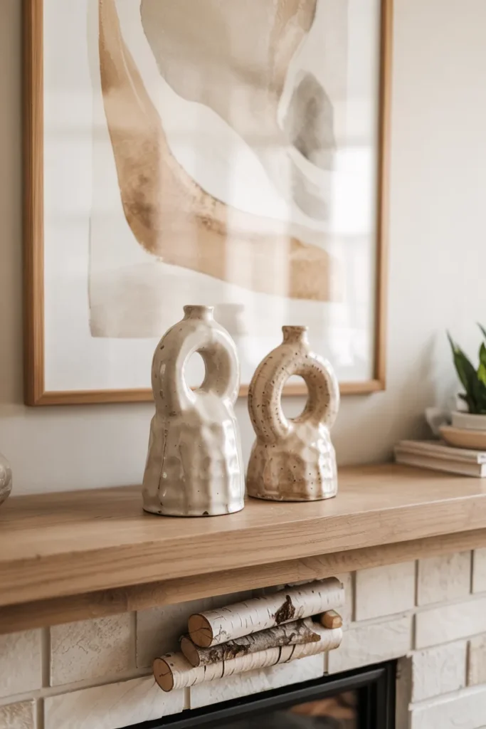 Minimal summer fireplace mantel styled with handmade sculptural ceramic vessels in neutral clay tones on a natural oak mantel in a bright modern living room.