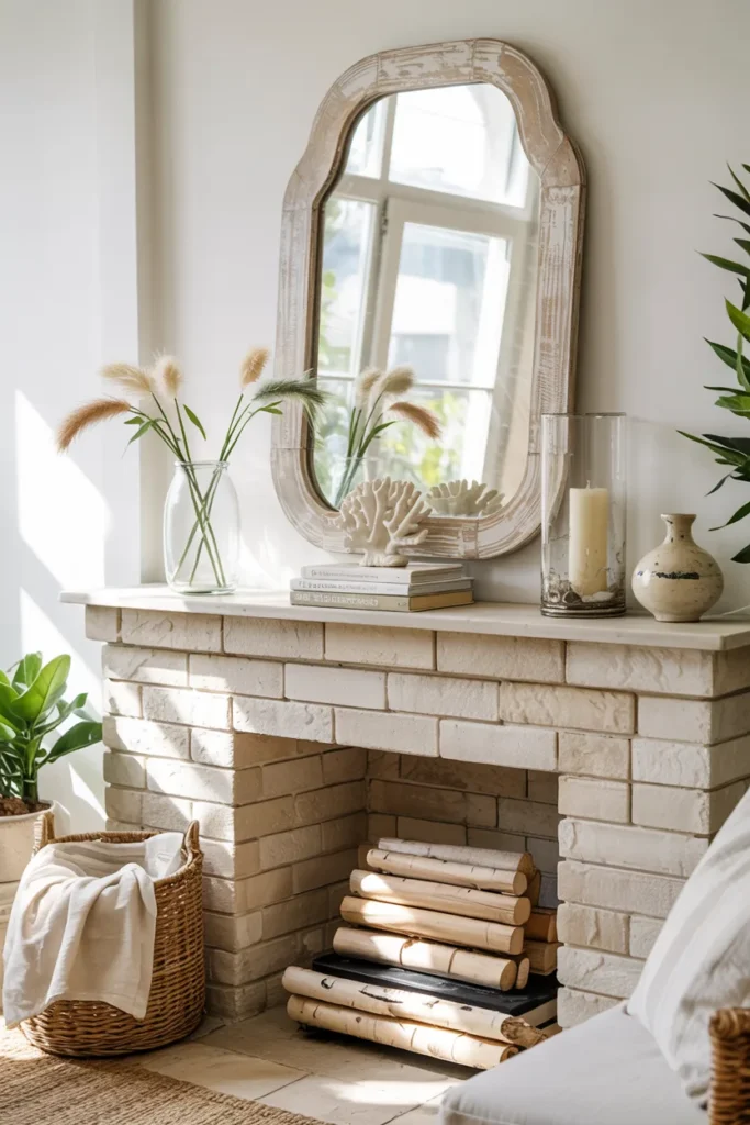 Coastal summer fireplace mantel with oversized rounded mirror centerpiece, driftwood mantel, glass vase with grasses, and light beach-inspired decor.