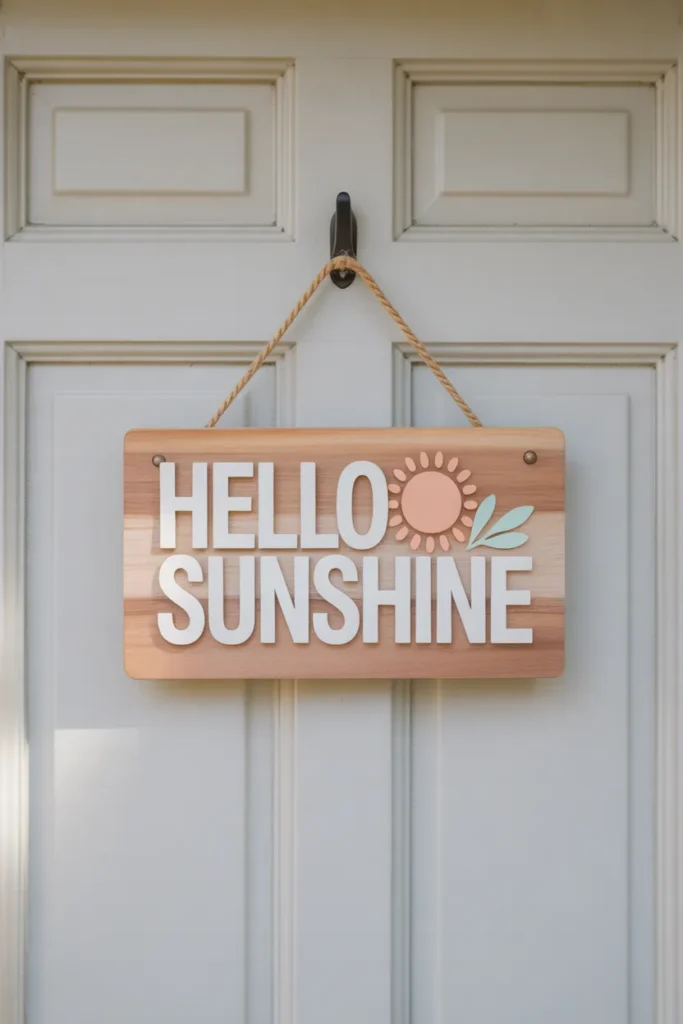 Seasonal quote statement board summer door hanger with cheerful text like “Stay Sunny” on a closed neutral front door, modern and uplifting summer decor