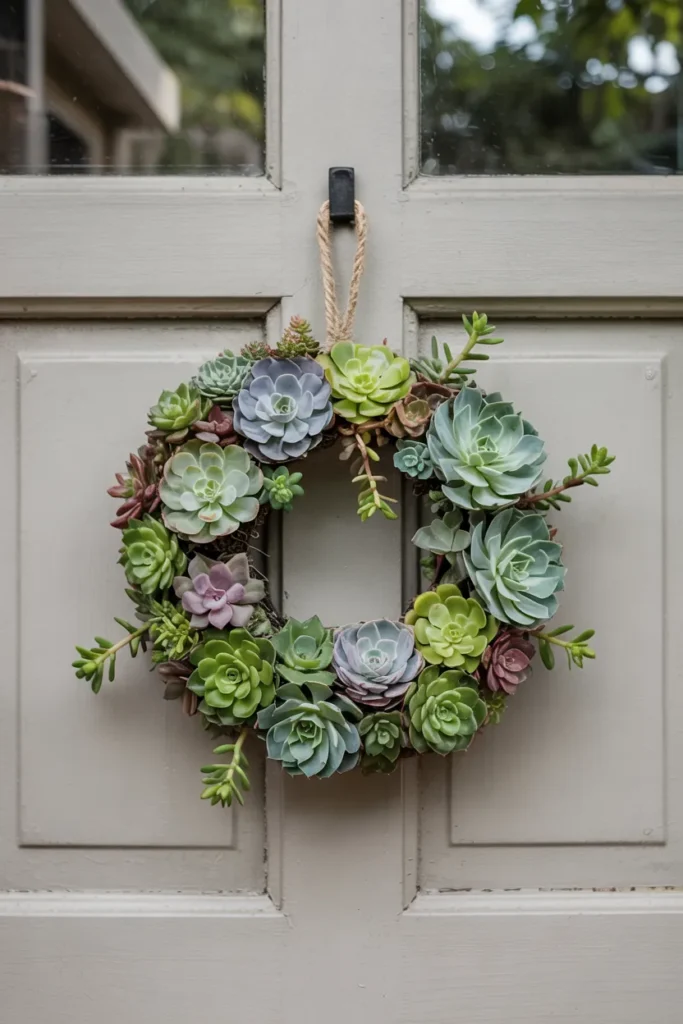 Living succulent summer wreath with jade and sage rosettes on a closed neutral front door, modern sustainable eco-friendly decor