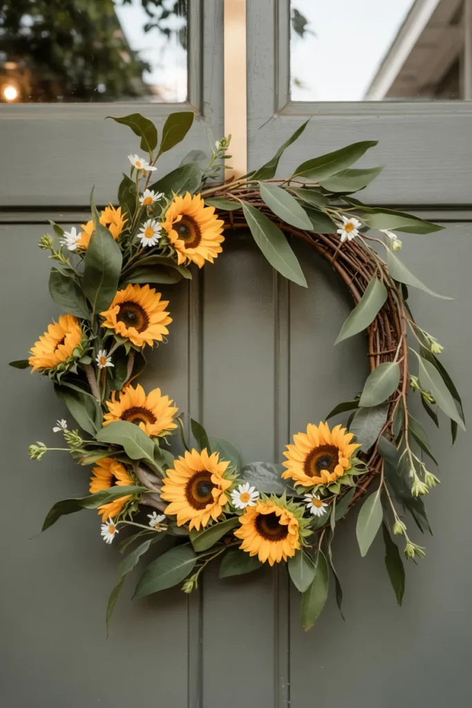 Modern sunflower and eucalyptus summer wreath with loose airy styling on a closed neutral front door, bright and fresh seasonal decor