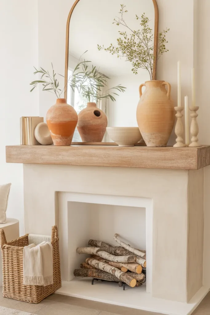 Summer fireplace mantel with sunwashed terracotta pots, cream accents, natural wood decor, and airy greenery in a bright Mediterranean-inspired living room.