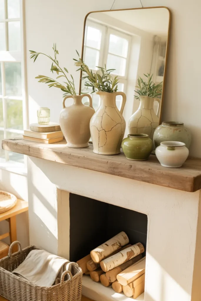 Summer fireplace mantel styled with thrifted vintage pottery, including jugs, crocks, and pitchers in neutral tones with airy greenery and collected charm.