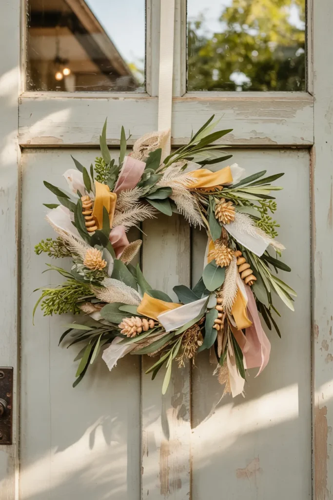 Whimsical mixed-material summer wreath with ribbons, beads, dried flowers, and greenery on a closed light front door, playful and creative seasonal decor