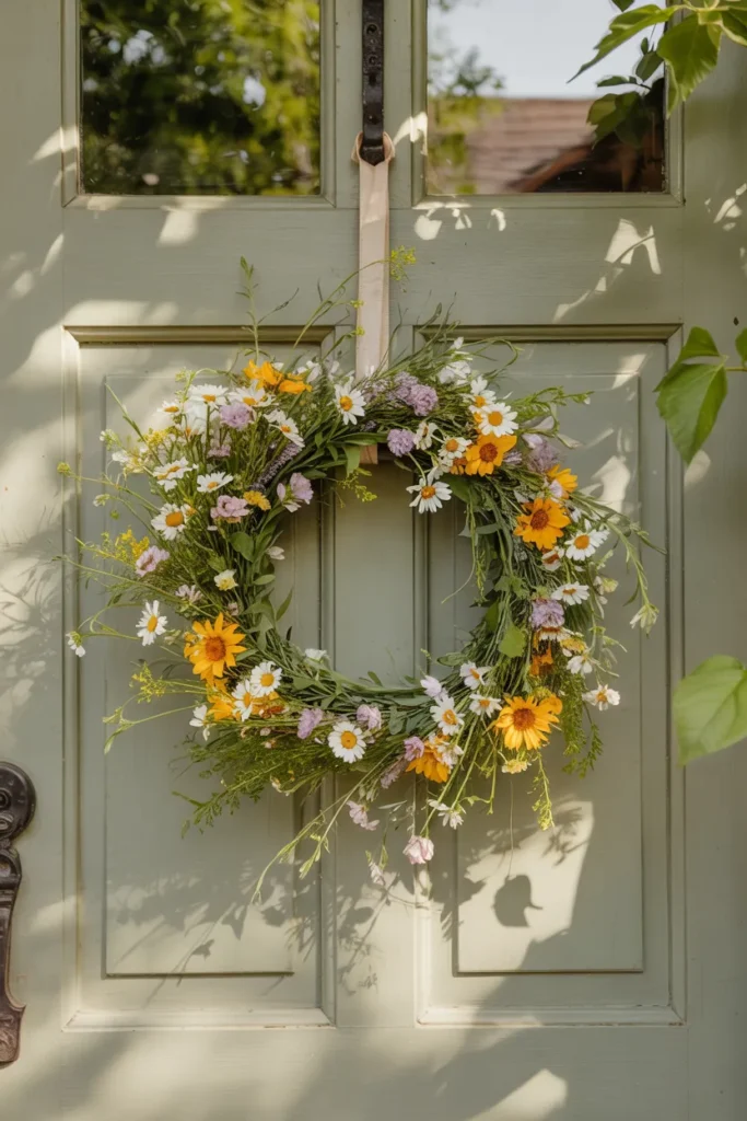 Asymmetrical wild meadow summer wreath with daisies, lavender, and airy greenery on a closed sage green front door, styled in a natural, just-picked look.