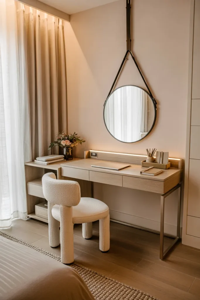 Boutique guest suite with compact work and vanity desk, round mirror, soft blush tones, and a neatly styled luxury bed in the background.