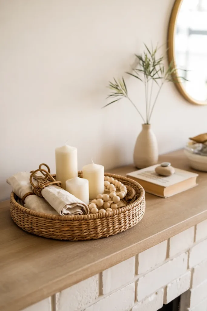 Summer fireplace mantel with a shallow woven basket holding candles, neutral beads, and rolled linen, styled in soft natural tones for a warm airy living room.