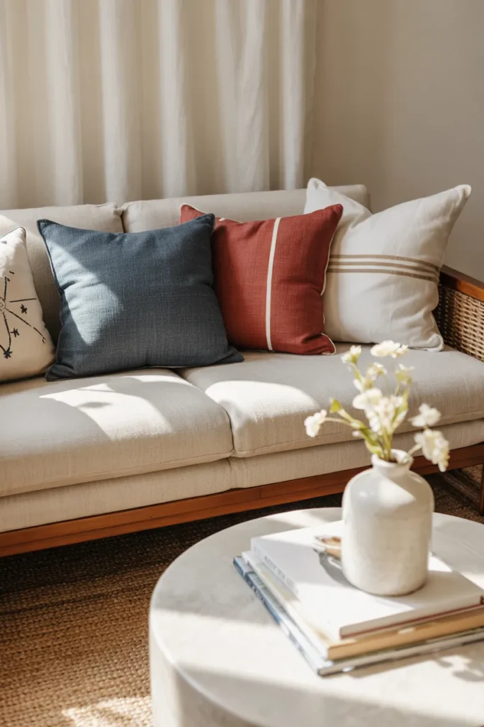Cozy navy and striped throws styled on a neutral sofa in a bright living room with subtle patriotic 4th of July colors.