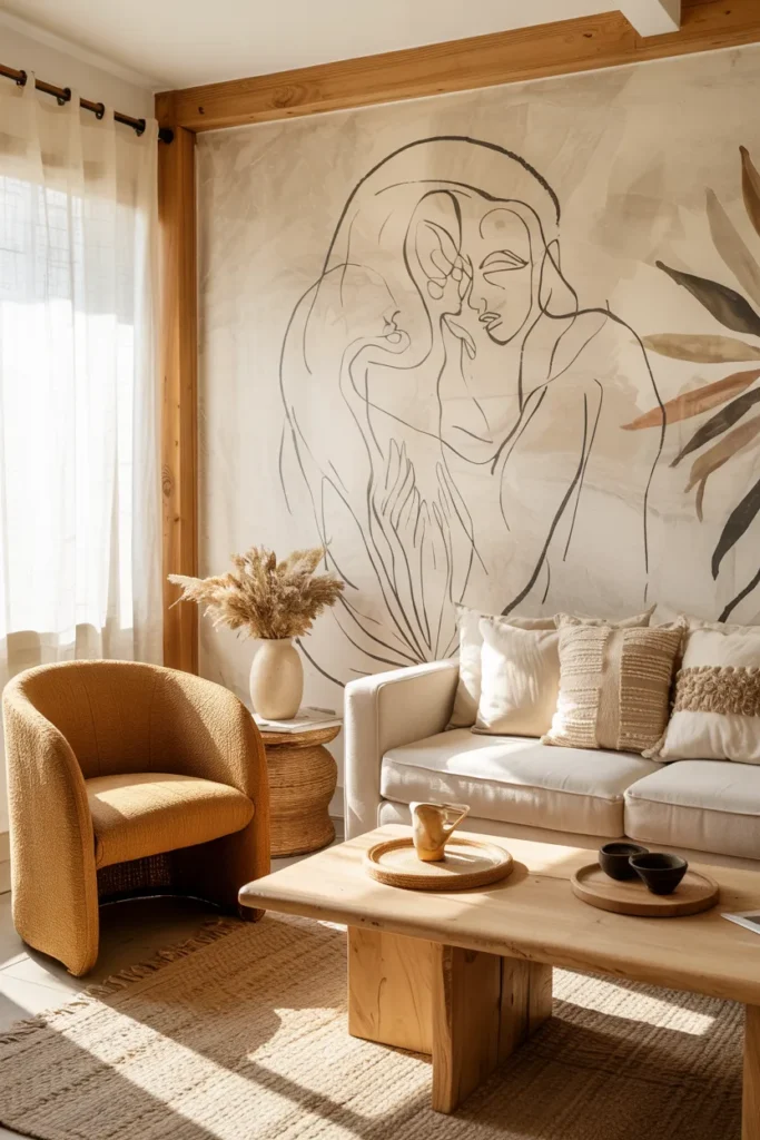 Modern boho living room with oversized abstract line art, cream linen sofa, textured neutral pillows, layered rugs, warm wood furniture, ceramic decor, and soft golden natural sunlight.